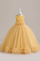 Laden Sie das Bild in den Galerie-Viewer, Ärmelloses A Linie Tüll Grünes Mädchenkleid mit Spitze