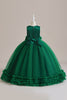 Laden Sie das Bild in den Galerie-Viewer, Ärmelloses A Linie Tüll Grünes Mädchenkleid mit Spitze