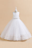 Laden Sie das Bild in den Galerie-Viewer, Ärmelloses A Linie Tüll Grünes Mädchenkleid mit Spitze