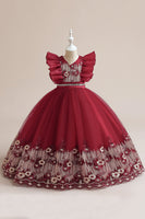 Laden Sie das Bild in den Galerie-Viewer, Blaues A Linie Tüllkleid für Mädchen mit Stickerei