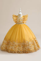 Laden Sie das Bild in den Galerie-Viewer, Blaues A Linie Tüllkleid für Mädchen mit Stickerei