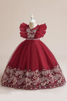 Laden Sie das Bild in den Galerie-Viewer, Blaues A Linie Tüllkleid für Mädchen mit Stickerei