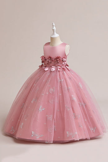 Ärmelloses Mädchen Kleid aus rosa Tüll mit Applikationen