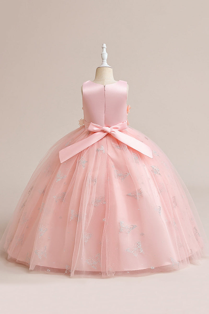 Laden Sie das Bild in den Galerie-Viewer, Ärmelloses Mädchen Kleid aus rosa Tüll mit Applikationen
