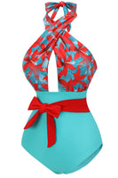 Laden Sie das Bild in den Galerie-Viewer, Neckholder Einteilige grüne Badebekleidung mit hoher Taille