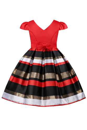 A-Linie rotes Mädchenkleid mit V-Ausschnitt und Kappenärmeln
