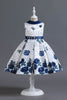 Laden Sie das Bild in den Galerie-Viewer, A Linie Jewel Hals Blau bedrucktes Mädchen Kleid