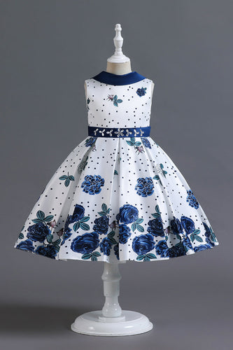 A Linie Jewel Hals Blau bedrucktes Mädchen Kleid
