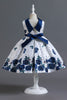 Laden Sie das Bild in den Galerie-Viewer, A Linie Jewel Hals Blau bedrucktes Mädchen Kleid