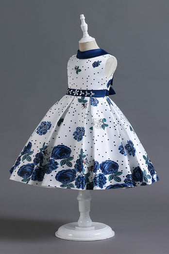 A Linie Jewel Hals Blau bedrucktes Mädchen Kleid