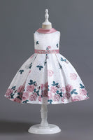 Laden Sie das Bild in den Galerie-Viewer, A Linie Jewel Hals Blau bedrucktes Mädchen Kleid