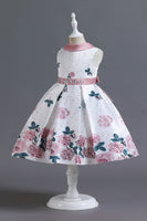 Laden Sie das Bild in den Galerie-Viewer, A Linie Jewel Hals Blau bedrucktes Mädchen Kleid