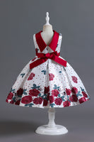 Laden Sie das Bild in den Galerie-Viewer, A Linie Jewel Hals Blau bedrucktes Mädchen Kleid