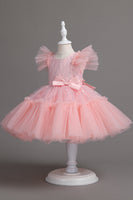 Laden Sie das Bild in den Galerie-Viewer, A Linie Jewel Hals Rotes Mädchen Kleid mit Schleife