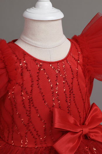 A Linie Jewel Hals Rotes Mädchen Kleid mit Schleife