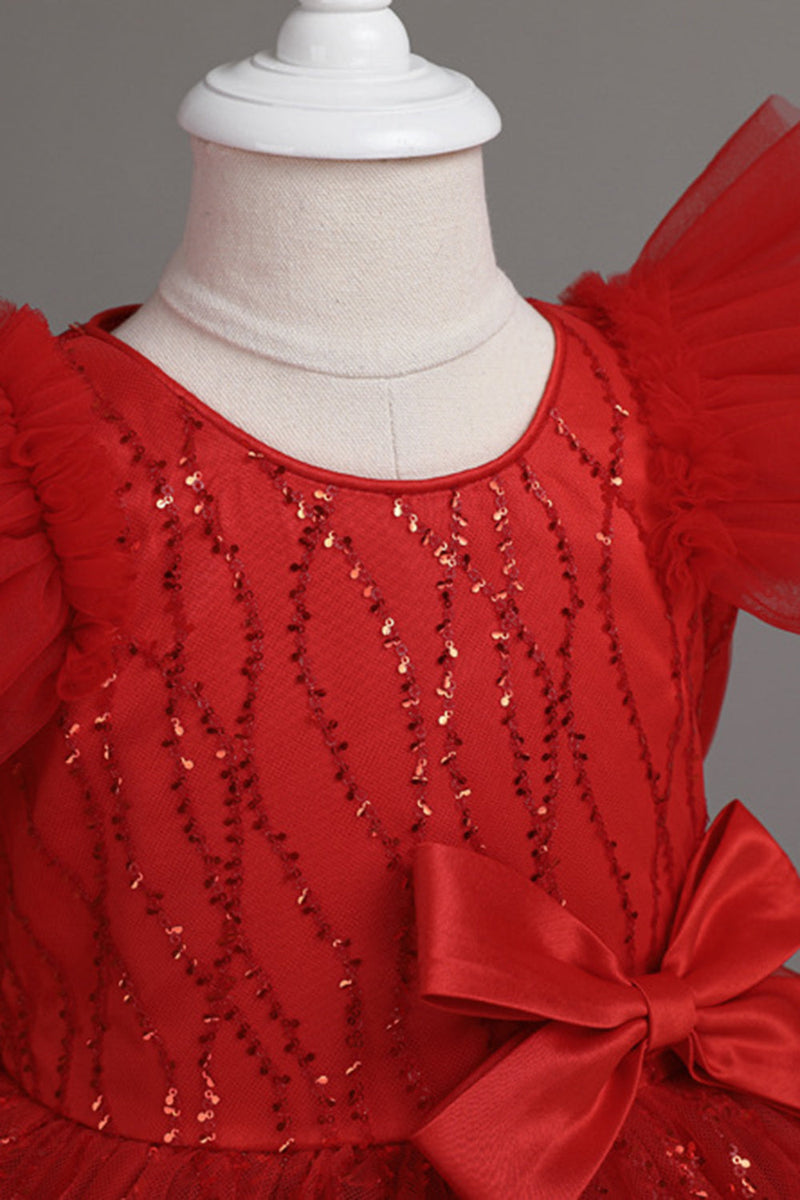 Laden Sie das Bild in den Galerie-Viewer, A Linie Jewel Hals Rotes Mädchen Kleid mit Schleife