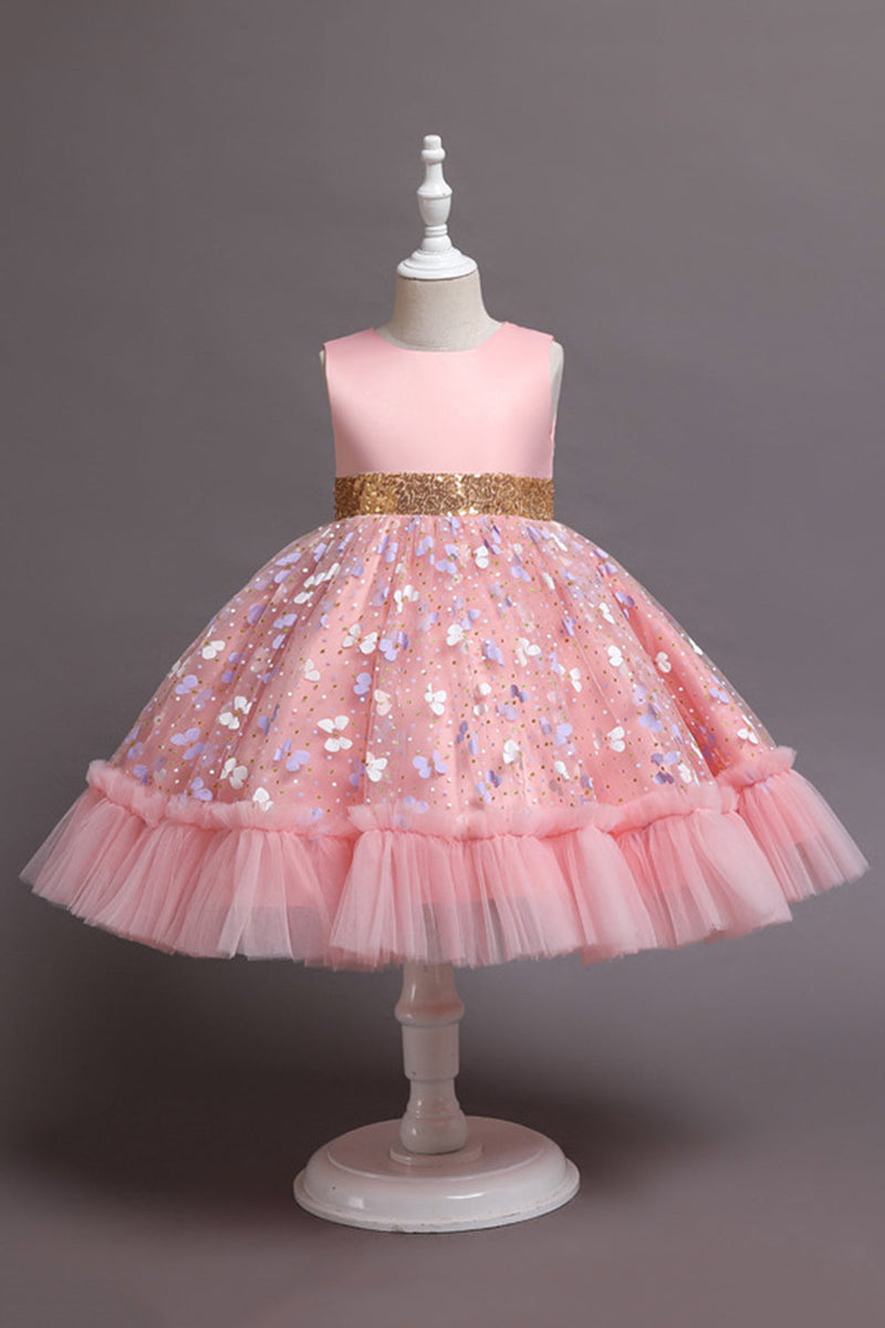 Laden Sie das Bild in den Galerie-Viewer, A LinIe Jewel Hals Rosa Mädchen Party Kleid mit Applikationen