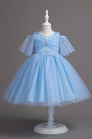 Laden Sie das Bild in den Galerie-Viewer, A-Linie Schulterfreies Burgunder Tüll Mädchen Kleid