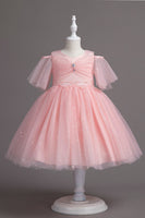 Laden Sie das Bild in den Galerie-Viewer, A-Linie Schulterfreies Burgunder Tüll Mädchen Kleid