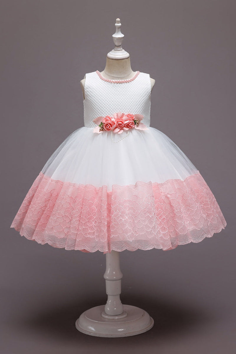Laden Sie das Bild in den Galerie-Viewer, Rosa ärmelloses Blumentüllkleid Mädchen Kleid mit Schleife