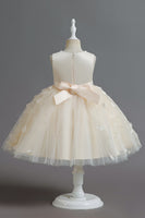 Laden Sie das Bild in den Galerie-Viewer, Champagner A Linie Tüll ärmelloses Blumenmädchen Partykleid mit Schleife