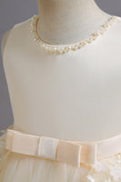 Laden Sie das Bild in den Galerie-Viewer, Champagner A Linie Tüll ärmelloses Blumenmädchen Partykleid mit Schleife