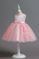 Laden Sie das Bild in den Galerie-Viewer, Champagner A Linie Tüll ärmelloses Blumenmädchen Partykleid mit Schleife