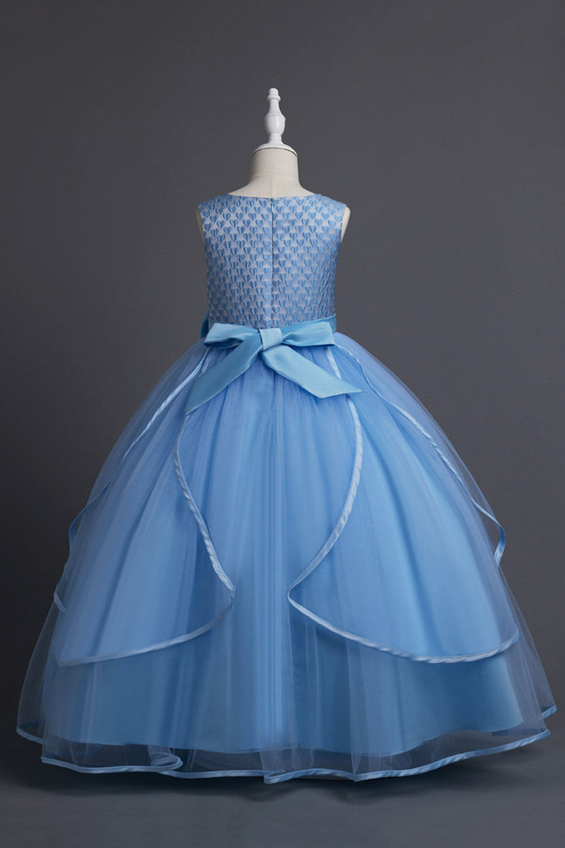 Laden Sie das Bild in den Galerie-Viewer, Blaues langes Tüll Mädchenkleid mit Rundhals