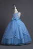 Laden Sie das Bild in den Galerie-Viewer, Blaues langes Tüll Mädchenkleid mit Rundhals