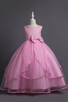 Laden Sie das Bild in den Galerie-Viewer, Blaues langes Tüll Mädchenkleid mit Rundhals