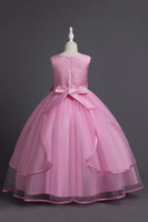 Laden Sie das Bild in den Galerie-Viewer, Blaues langes Tüll Mädchenkleid mit Rundhals