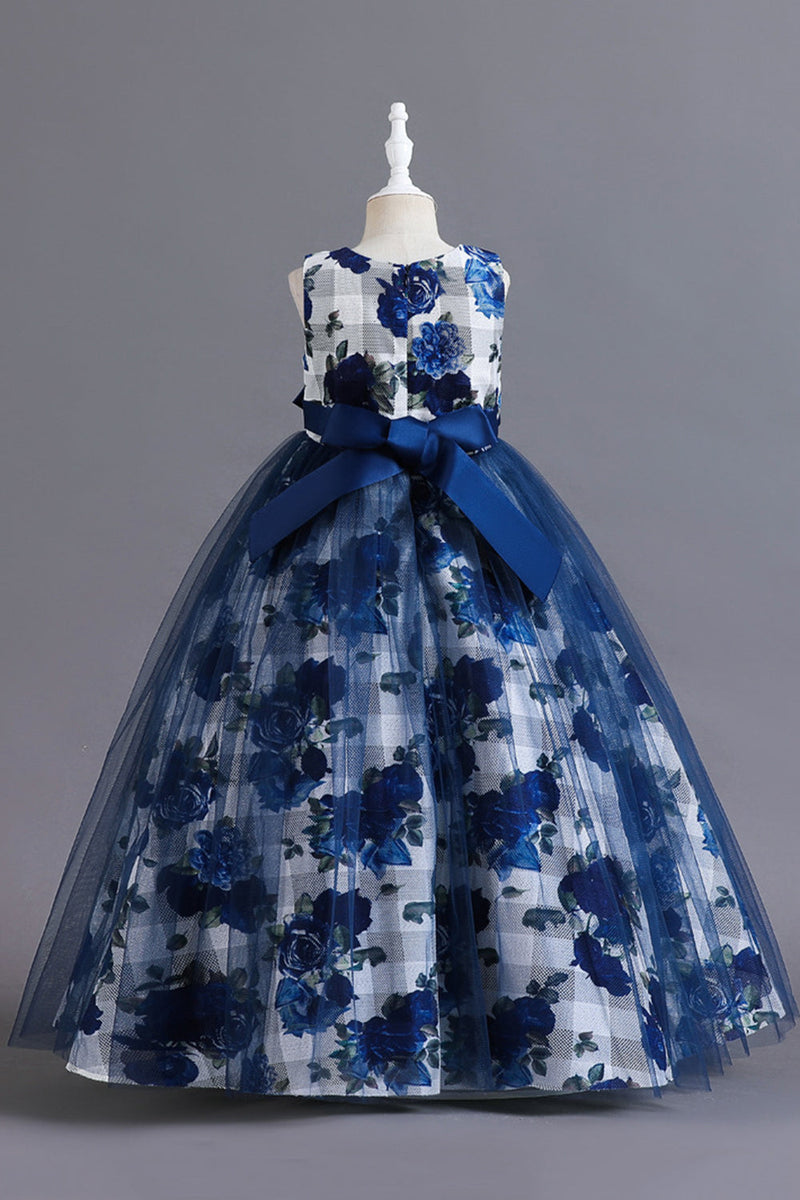 Laden Sie das Bild in den Galerie-Viewer, Blaues Blumen Tüll langes Mädchenkleid mit Rüschen