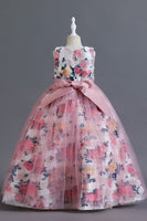 Laden Sie das Bild in den Galerie-Viewer, Blaues Blumen Tüll langes Mädchenkleid mit Rüschen