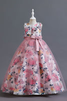 Laden Sie das Bild in den Galerie-Viewer, Blaues Blumen Tüll langes Mädchenkleid mit Rüschen