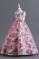 Laden Sie das Bild in den Galerie-Viewer, Blaues Blumen Tüll langes Mädchenkleid mit Rüschen