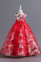 Laden Sie das Bild in den Galerie-Viewer, Blaues Blumen Tüll langes Mädchenkleid mit Rüschen