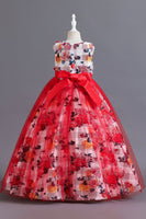 Laden Sie das Bild in den Galerie-Viewer, Blaues Blumen Tüll langes Mädchenkleid mit Rüschen