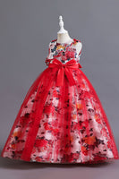 Laden Sie das Bild in den Galerie-Viewer, Blaues Blumen Tüll langes Mädchenkleid mit Rüschen