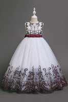 Laden Sie das Bild in den Galerie-Viewer, Marineblaues ärmelloses A Linie Stickerei Mädchen Kleid