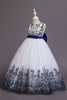 Laden Sie das Bild in den Galerie-Viewer, Marineblaues ärmelloses A Linie Stickerei Mädchen Kleid