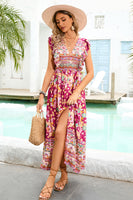 Laden Sie das Bild in den Galerie-Viewer, Rotes geblümtes Boho Maxikleid mit Schlitz