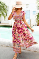 Laden Sie das Bild in den Galerie-Viewer, Rotes geblümtes Boho Maxikleid mit Schlitz