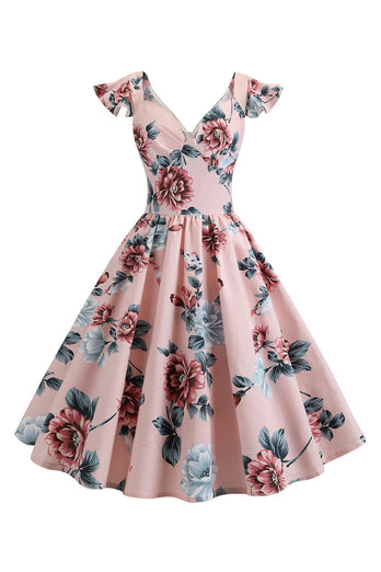 Rosa Swing mit Blumendruck 1950er Jahre Kleid