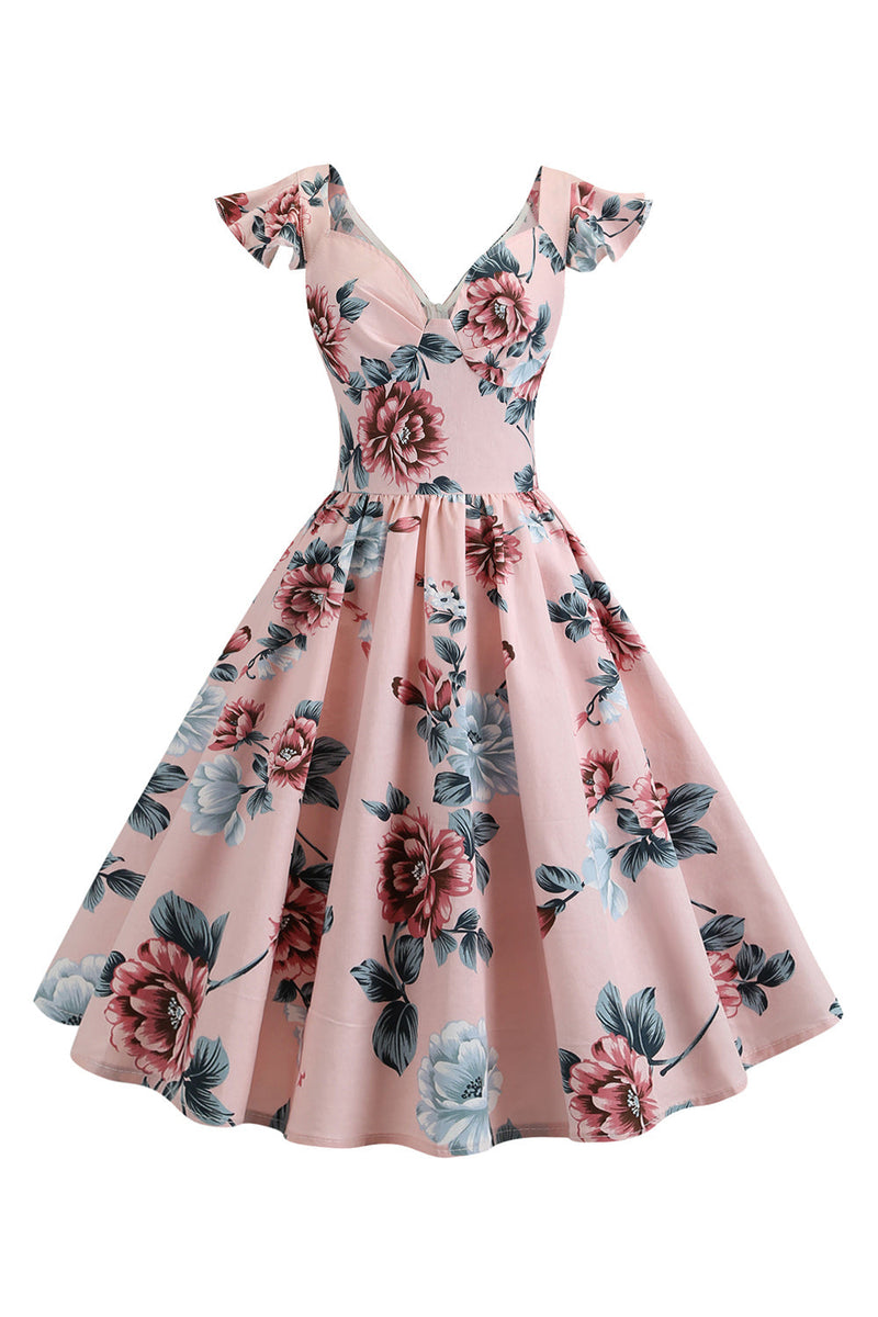 Laden Sie das Bild in den Galerie-Viewer, Rosa Swing mit Blumendruck 1950er Jahre Kleid