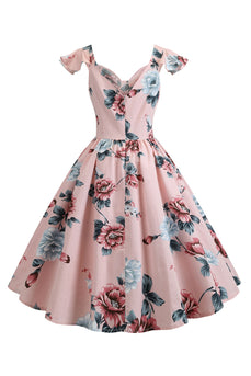 Rosa Swing mit Blumendruck 1950er Jahre Kleid