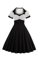 Laden Sie das Bild in den Galerie-Viewer, Schwarzes Polka Dots Rockabilly 1950er Jahre Kleid mit kurzen Ärmeln