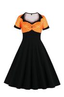 Laden Sie das Bild in den Galerie-Viewer, Schwarzes Polka Dots Rockabilly 1950er Jahre Kleid mit kurzen Ärmeln