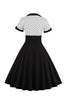 Laden Sie das Bild in den Galerie-Viewer, Schwarzes Polka Dots Rockabilly 1950er Jahre Kleid mit kurzen Ärmeln