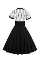 Laden Sie das Bild in den Galerie-Viewer, Schwarzes Polka Dots Rockabilly 1950er Jahre Kleid mit kurzen Ärmeln