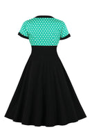 Laden Sie das Bild in den Galerie-Viewer, Schwarzes Polka Dots Rockabilly 1950er Jahre Kleid mit kurzen Ärmeln